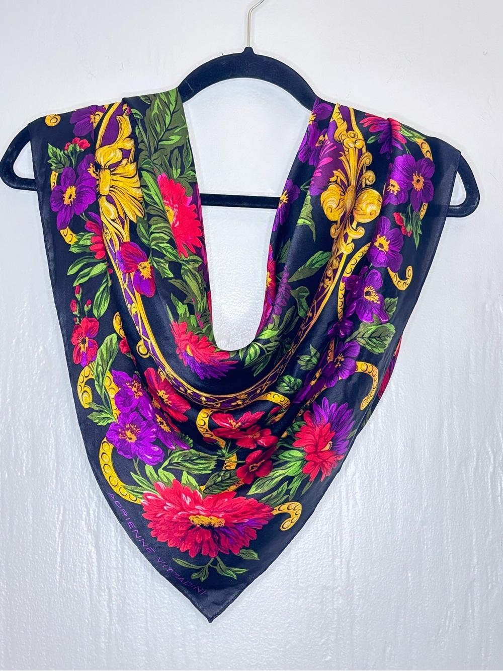 Adrienne Vittadini Black Floral Silk Square Scarf with Red, Purple & Gold Accent